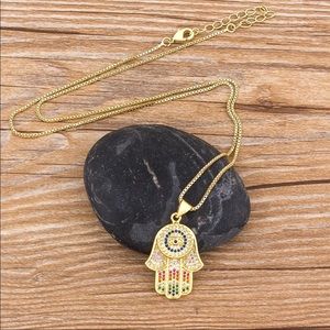 Women Hamsa Hand Necklace Gold Color Copper Zircon Evil Eye Pendant & Chain